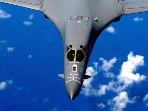 A B-1B Lancer over the Pacific Ocean after air-refueling training at Andersen Air Force Base in Guam.