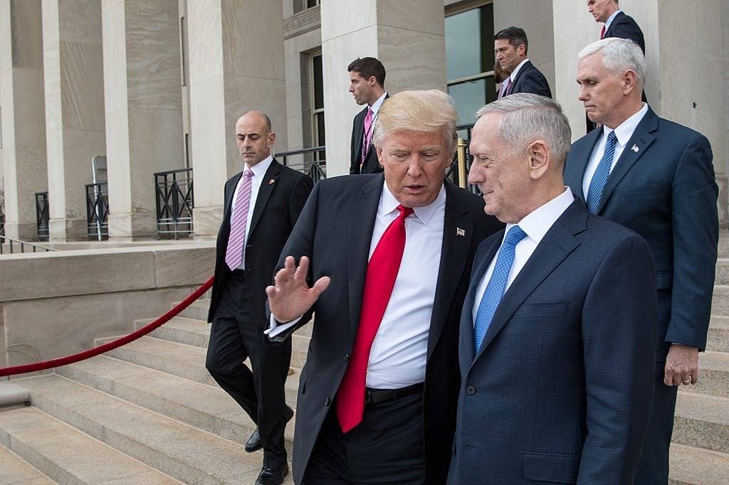 President Donald J. Trump departs from the Pentagon alongside Secretary of Defense James Mattis.
