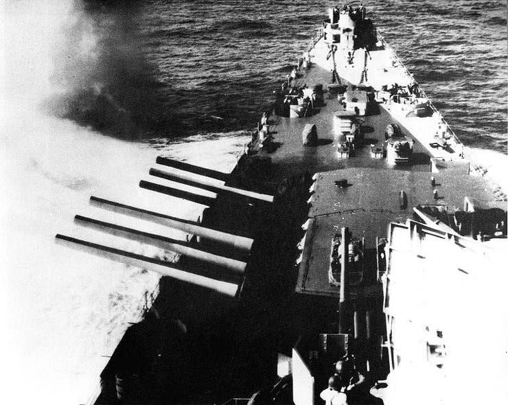 An Alaska-class large cruiser's 12-inch guns could fire as many as three salvoes in a minute.<br>(US Navy photo)