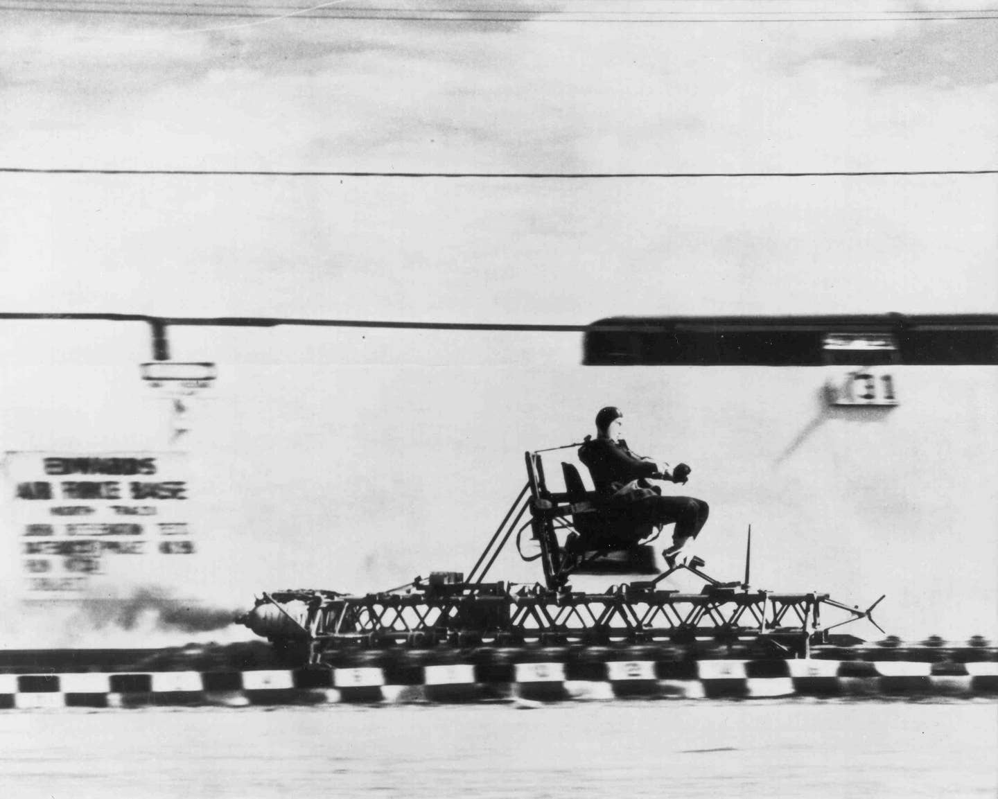 Col. John Paul Stapp rides the rocket sled at Edwards Air Force Base.
