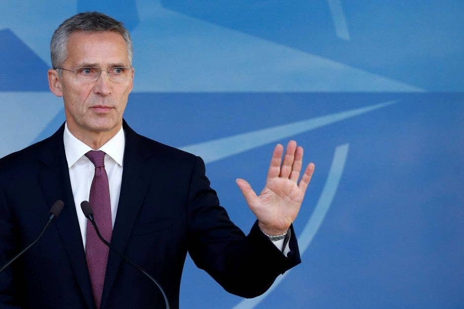 Stoltenberg briefing the media in Brussels.