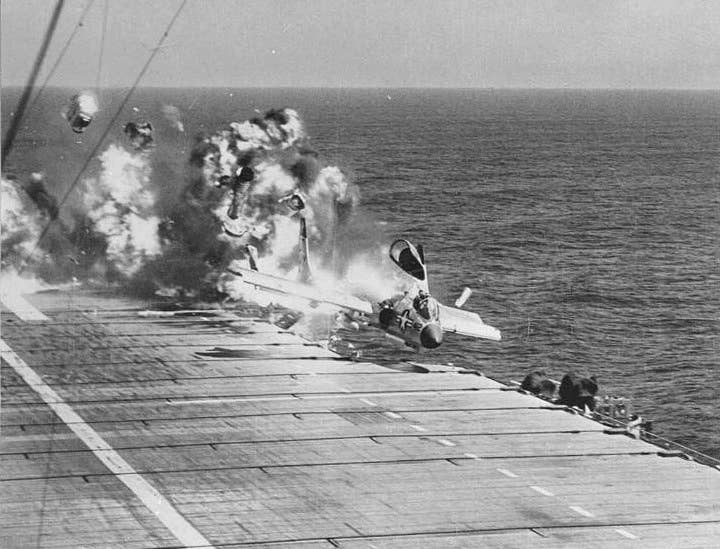 One of the low-lights of the F7U Cutlass's career: This ramp strike didn't just kill the pilot, it killed three other sailors. (US Navy)