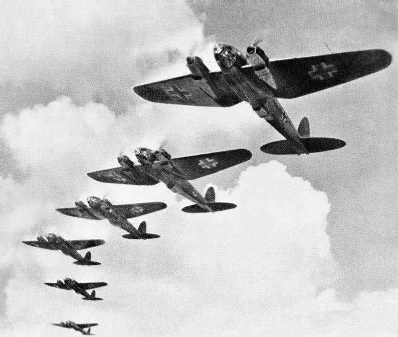 German bombers fly in formation.