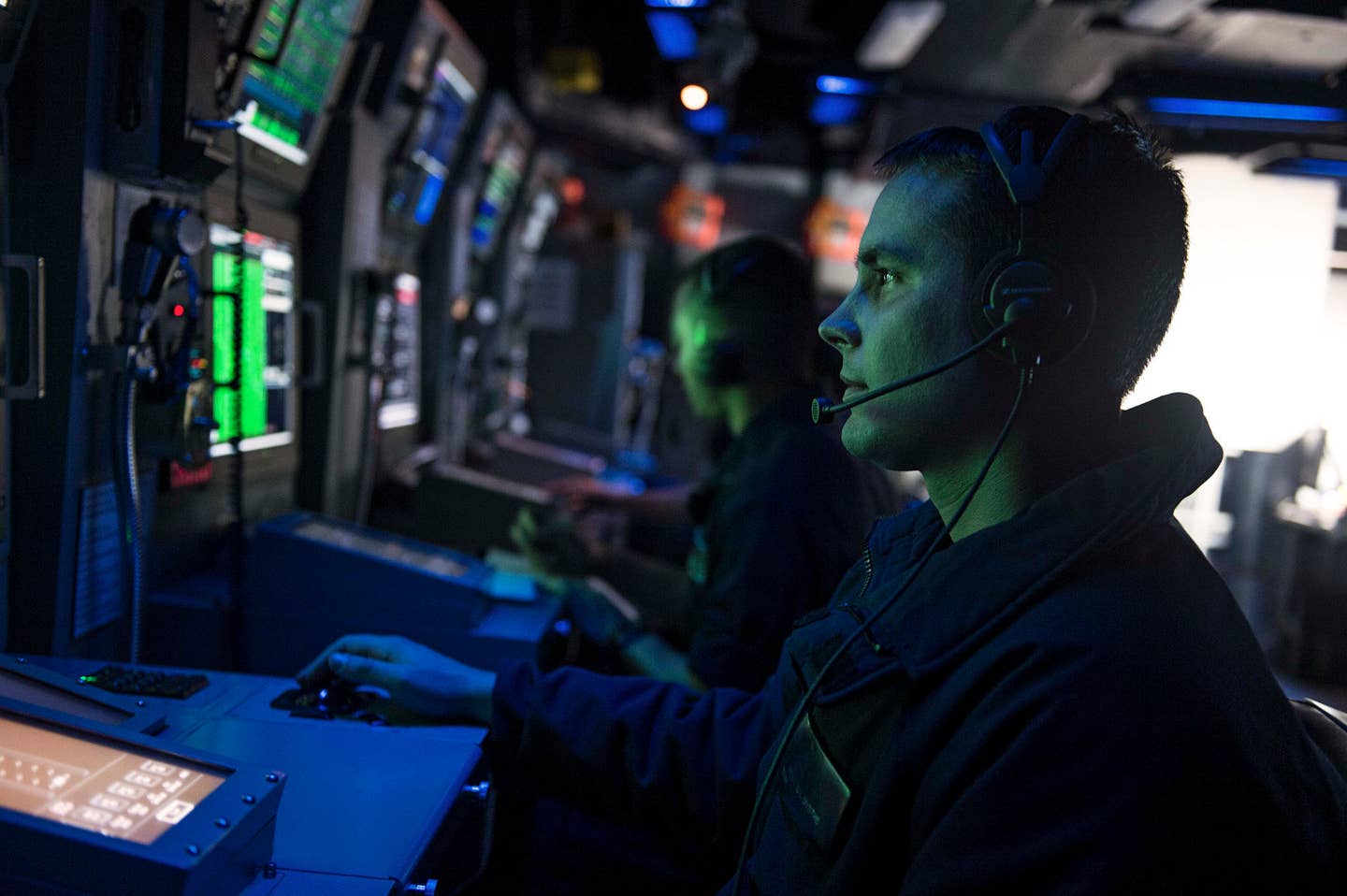 Sonar Technician (Surface) 3rd Class Michael E. Dysthe participates in an anti-submarine exercise while serving onboard the Ticonderoga-class guided-missile cruiser USS Chancellorsville in the Indo-Asia-Pacific region.<br>(U.S. Navy Mass Communication Specialist 2nd Class Andrew Schneider)