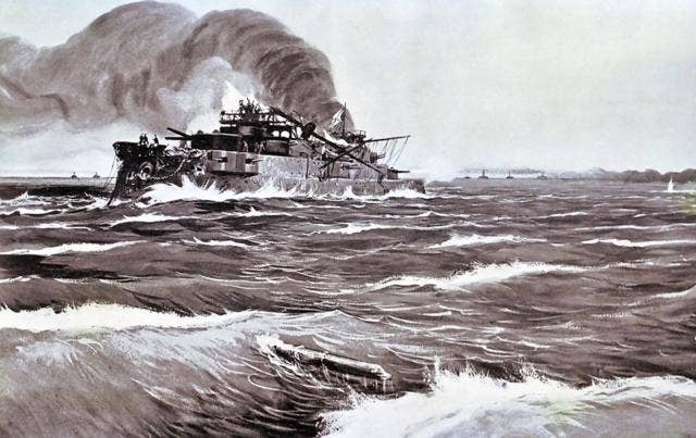 Painting depicting the final minutes, and Russian losses, at the Battle of Tsushima Strait where a Russian fleet was annihilated by a larger, better prepared Japanese fleet in 1905. (Public domain)