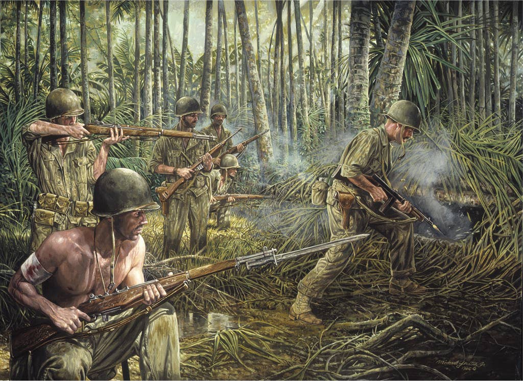 The 32nd Infantry Division, a National Guard unit made up of soldiers from Michigan and Wisconsin, fought side-by-side with Australian forces to take key positions on Papua, New Guinea from November 1942 to January 2, 1943.<br>(U.S. Army National Guard illustration by Michael Gnatek)