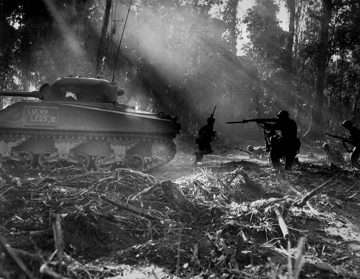 U.S. Army soldiers fight at Bougainville in the Pacific Theater of World War II, Feb. 29, 1943.<br>(U.S. Army)