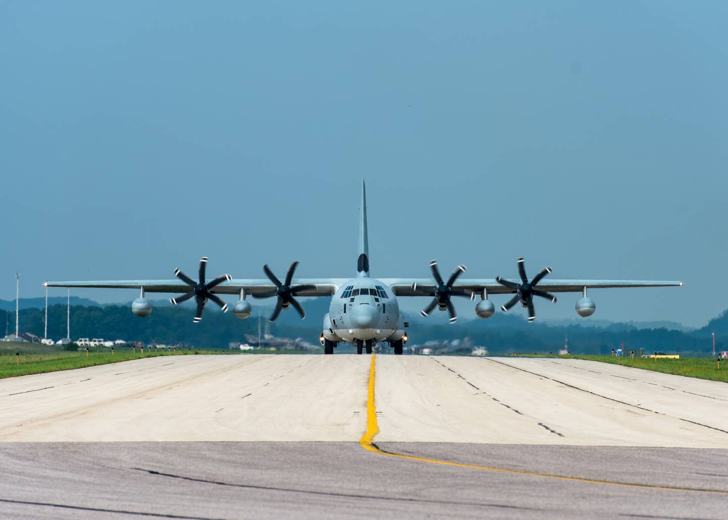 A C-130 Hercules taxis on the runway in Wisconsin in 2018.<br>(U.S. Air Force photo by Airman Cameron Lewis)