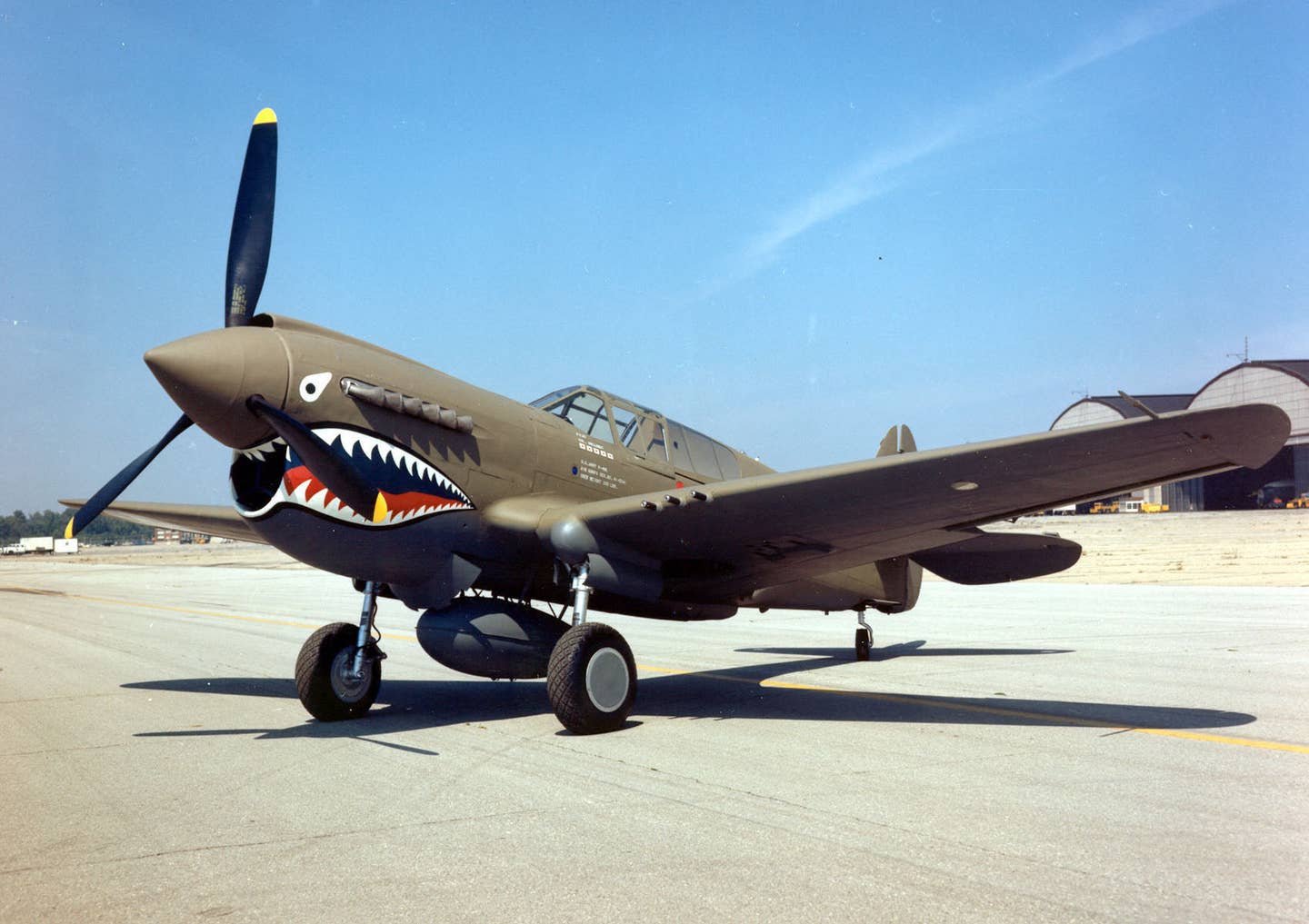 A Curtiss P-40E Warhawk similar to the ones used by the 99th Pursuit Squadron early in their combat service.<br>(U.S. Air Force)