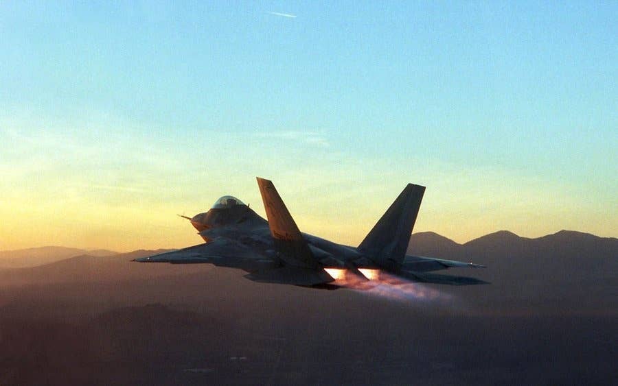 An F-22 Raptor in full afterburner during flight testing at Edwards Air Force Base, Calif. (U.S. Air Force)