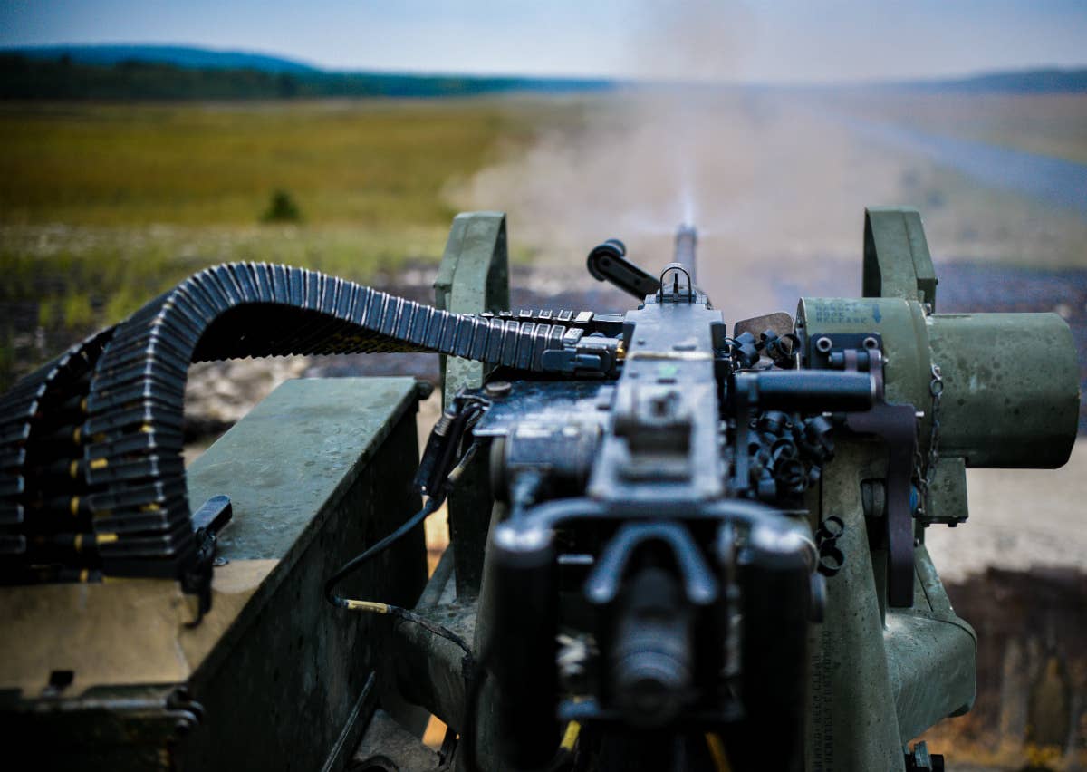 A mounted .50-cal. fires during an exercise in Germany in September 2018. (U.S. Army Capt. Joseph Legros)