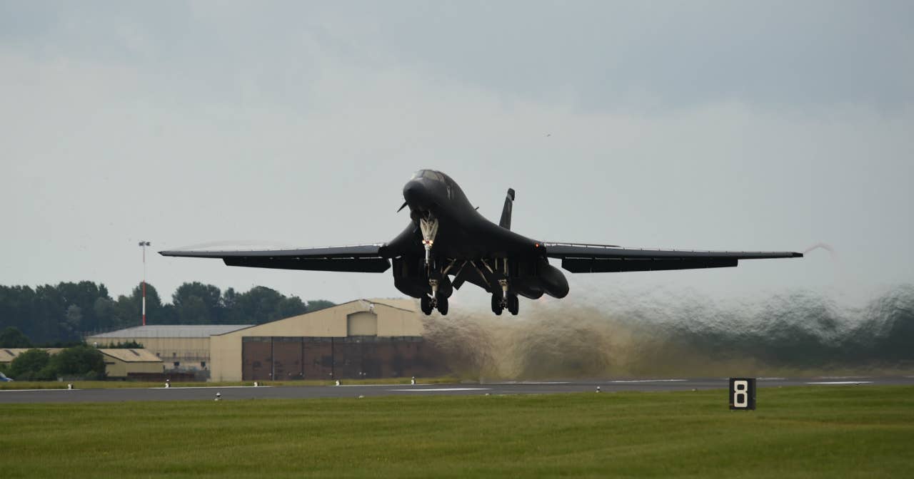 A U.S. Air Force B-1B Lancer assigned to the 345th Expeditionary Bomb Squadron at Dyess Air Force Base, Texas, takes off during exercise Trojan Footprint at RAF Fairford, England, June 1, 2018.<br>(U.S. Air Force Senior Airman Emily Copeland)