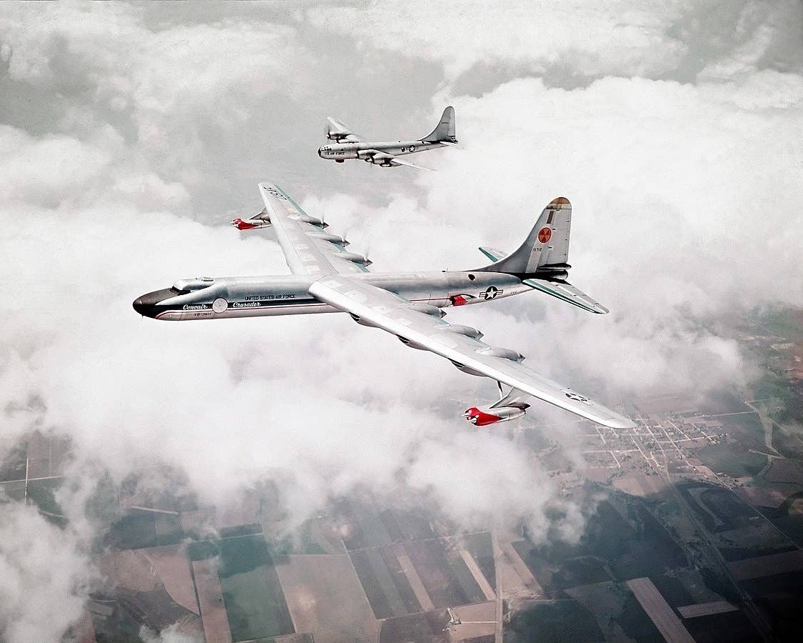 The NB-36 with a nuclear reactor onboard flies near a B-50 bomber. The NB-36 was a testbed plane created to one-day fly using nuclear power, but it used conventional fuel for all of its 47 flights.<br>(U.S. Air Force)