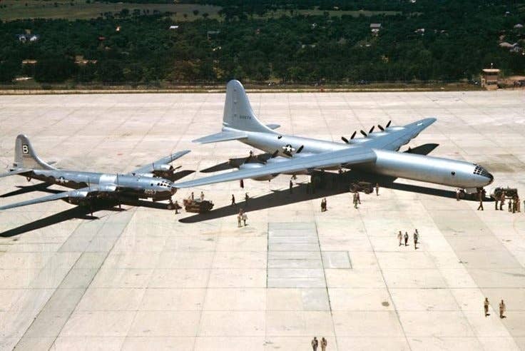 The first B-36A sits next to a B-50 SuperFortress at Carswell Air Force Base, New Mexico.<br>(U.S. Air Force)