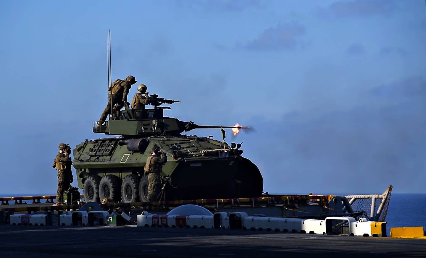 Marines fire the main gun of the LAV-25 during gunnery training. This impressive bit of armor is super useful, but it's still smaller, less armored, and less powerful than a main battle tank.<br>(U.S. Navy Petty Officer 1st Class Daniel Barker)