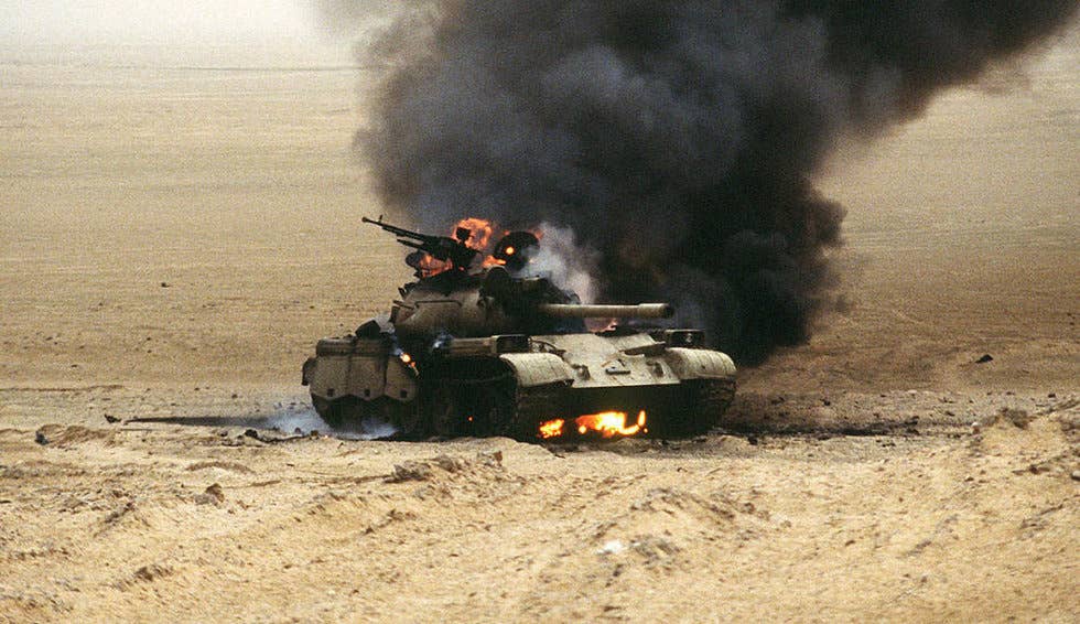 An Iraqi tank burns during Operation Desert Storm. (U.S. Navy photo)