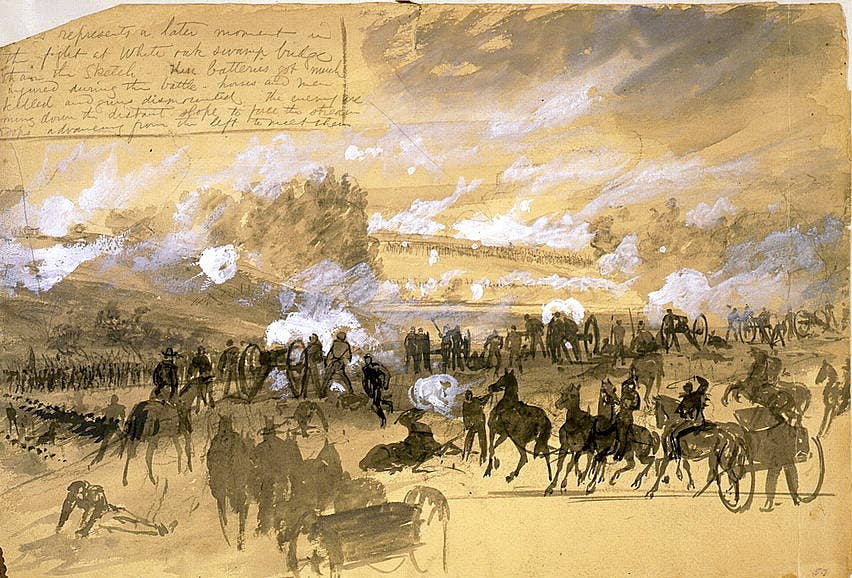 A sketch and watercolors depiction of the Battle of White Oak Swamp, one of the Sevens Days Battles. (Alfred Waud, Library of Congress)