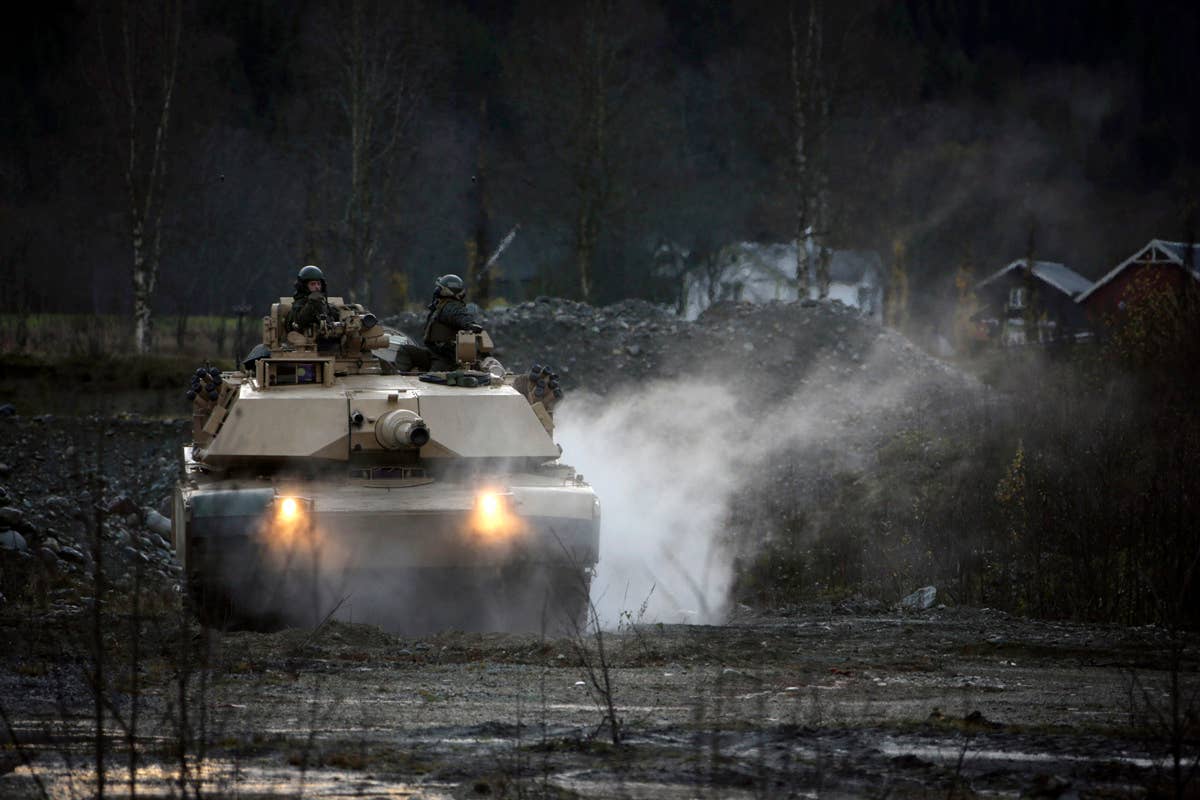 U.S. Marine Corps M1A1 Abrams tank participates in a simulated security patrol in Storas, Norway, October 25, 2018.<br>(U.S. Marine Corps Sgt. Williams Quinteros)