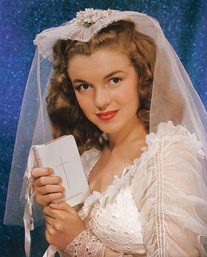 The newly christened Norma Jean Dougherty's wedding photo, 1942.
