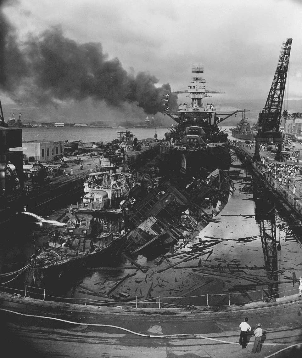 USS Pennsylvania still in dry dock after the Pearl Harbor attack. (US Navy photo)