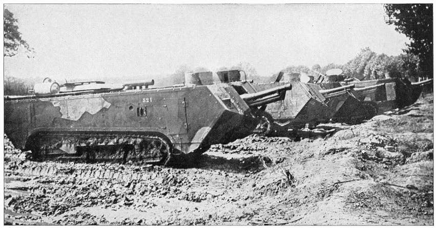 Saint Chamond tanks sit in a line in World War I.<br>(Public domain)