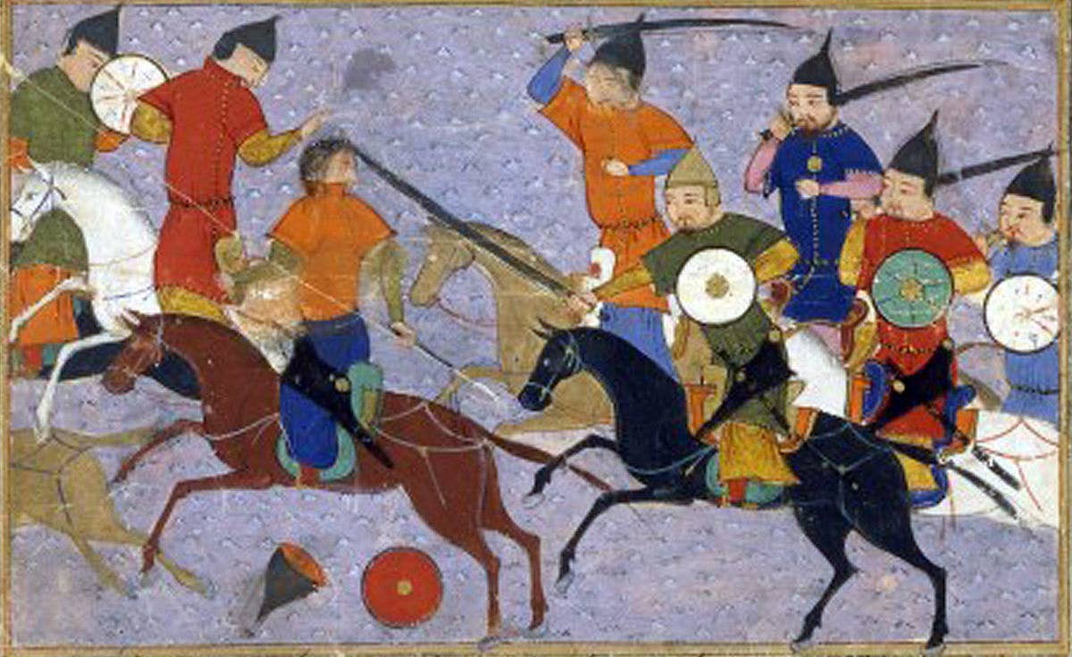 Mongol horsemen fighting Chinese forces.<br>(Rashid al-Din)