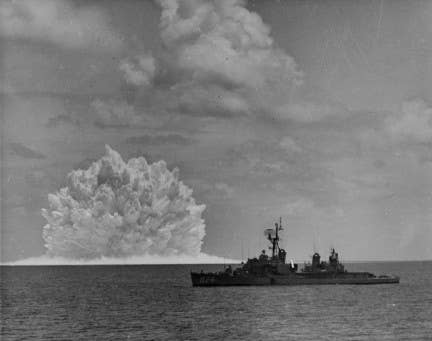 A nuclear depth charge delivered via anti-submarine rocket detonates with an approximately 20-kiloton warhead, similar to Russia's highest-yield nuclear torpedo during the Cold War.<br>(U.S. Navy)<br> 
