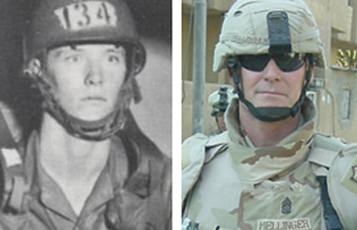 Mellinger in Army jump school in 1972, left, and on patrol in Baghdad in 2005. (Jeffery Mellinger)