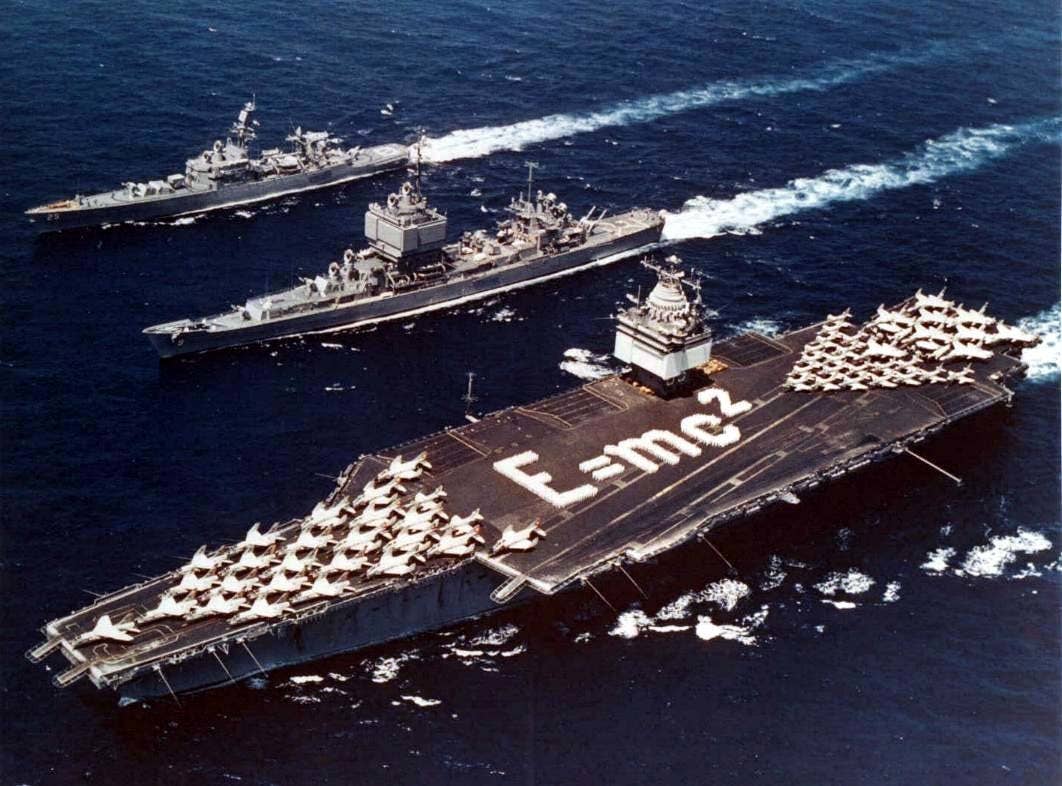 The Navy launched Operation Sea Orbit where nuclear-powered ships sailed together in 1964. This is the USS Enterprise, a carrier; the USS Long Beach, a cruiser; and the USS Bainbridge, classified at the time as a destroyer. (U.S. Navy)