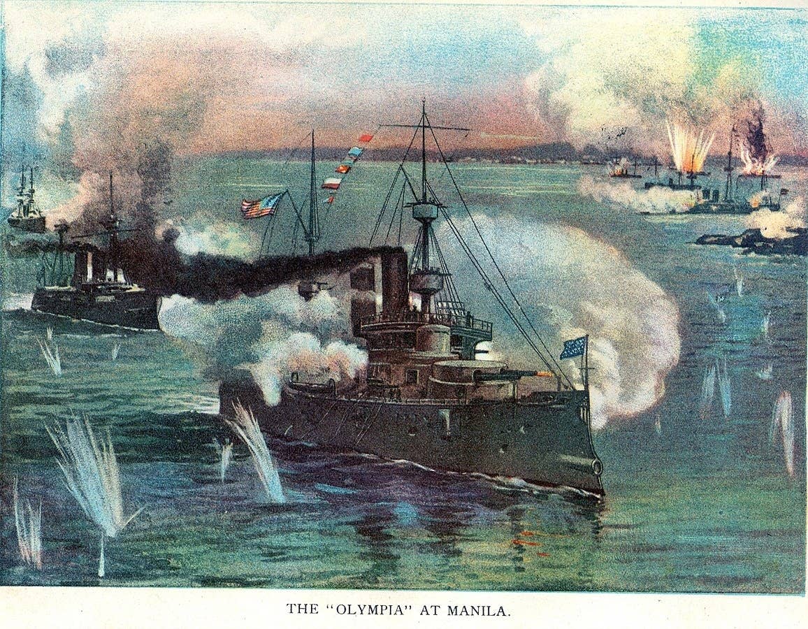 The USS <em>Olympia</em> leads the attack against the Spanish fleet at the Battle of Manila. (Murat Halstead, 1898)