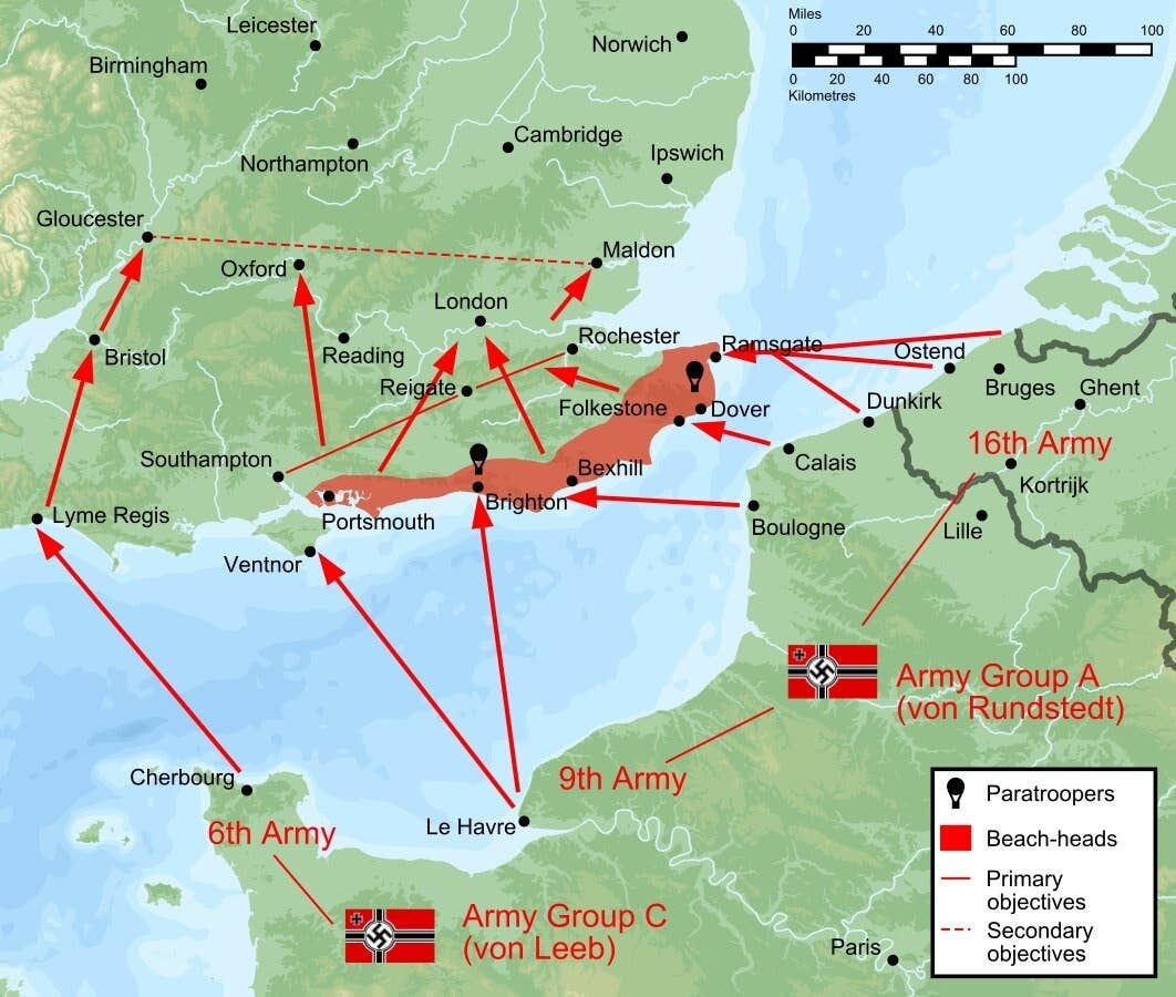 Plan of battle of Operation Sealion, the cancelled German plan to invade England in 1940 (Wereon, public domain)