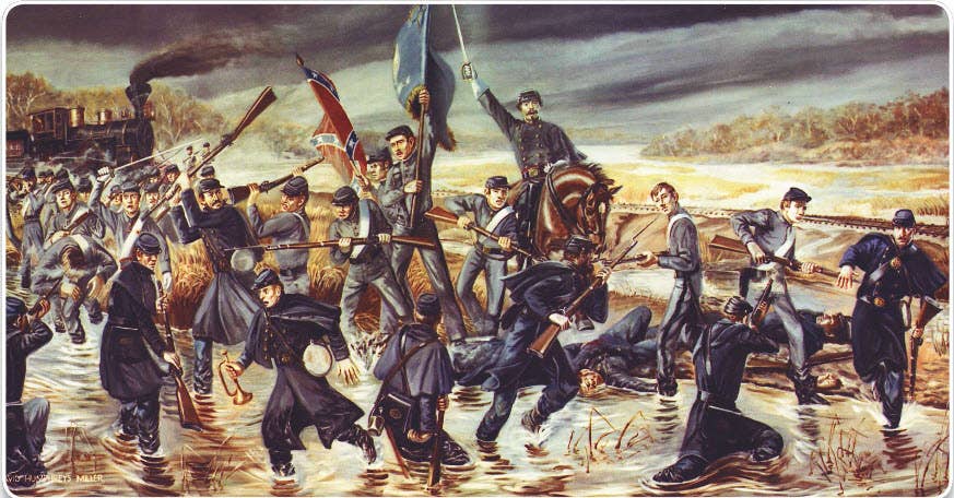 Union Marines and other troops attacked cadets at the Battle of Tulifinny near Charleston, South Carolina, and the cadets earned praise for their disciplined fire and poise under attack. (David Humphreys Miller)