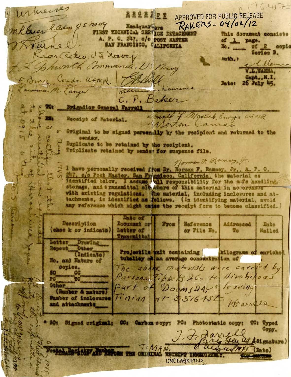 An Army form shows the transfer of materials for components of the Little Boy bomb that was dropped on Hiroshima, Japan.<br>(U.S. Army Heritage Education Center)