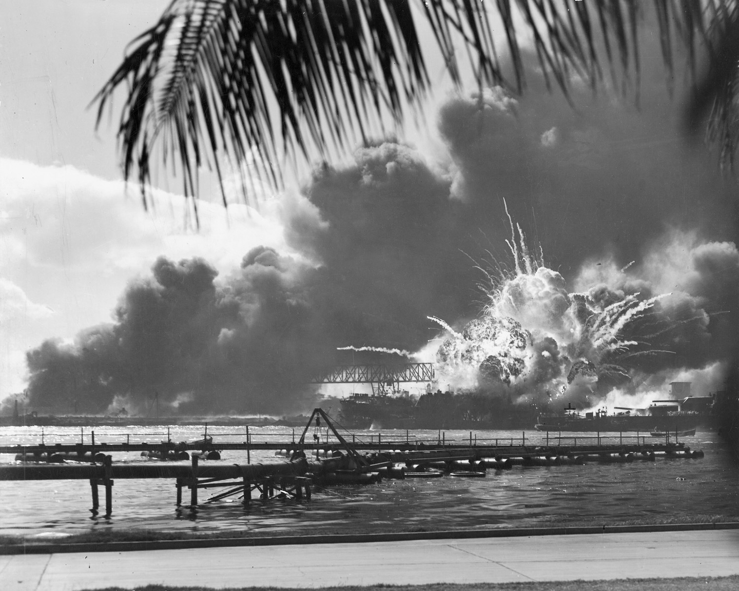 The USS Shaw explodes in Pearl Harbor during the Dec. 7, 1941, attack.<br>(U.S. National Archives and Records Administration)