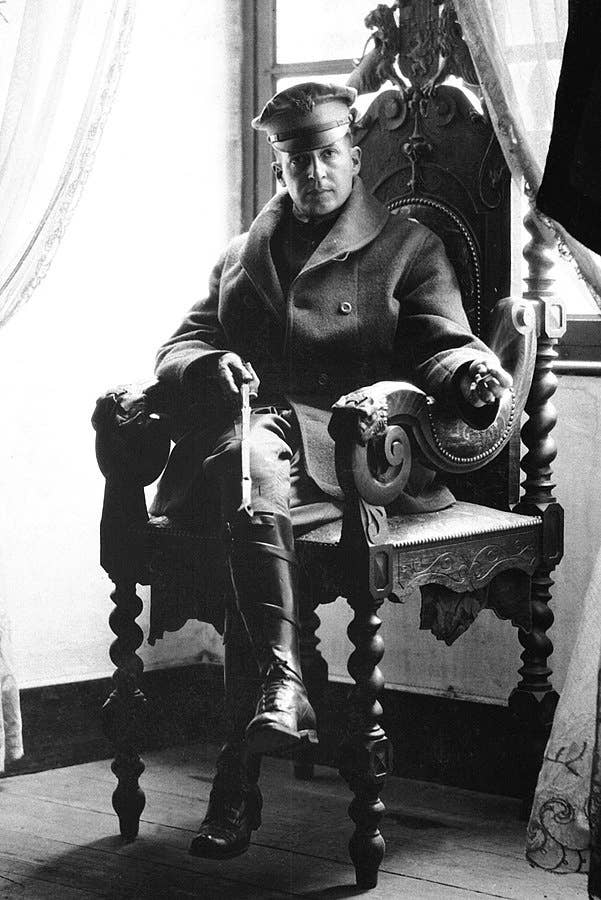 Brig. Gen. Douglas MacArthur poses in a French castle recaptured from German forces one week before the Meuse-Argonne Offensive began in World War I. (U.S. Army/ Lt. Ralph Estep)