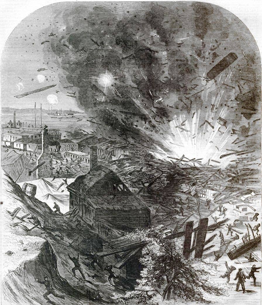 US Civil War. Petersburg Campaign, June 9, 1864 to March 25, 1865. A newspaper front page reports a saboteur's time bomb explosion at Union wharf at City Point, Virginia, August 9, 1864. 58 people were killed and 126 wounded, with damage estimated at $4 million. Confederate Captain John Maxwell planted a box with a timer and twelve pounds of gunpowder