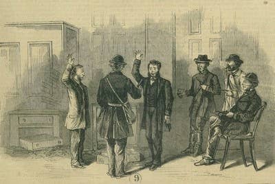 A woodcut illustration of the St. Albans Raid in St. Albans, Vermont, United States. At the bank, the raiders forced those present to take an oath of loyalty to “the Constitution of the Confederate States of America.”