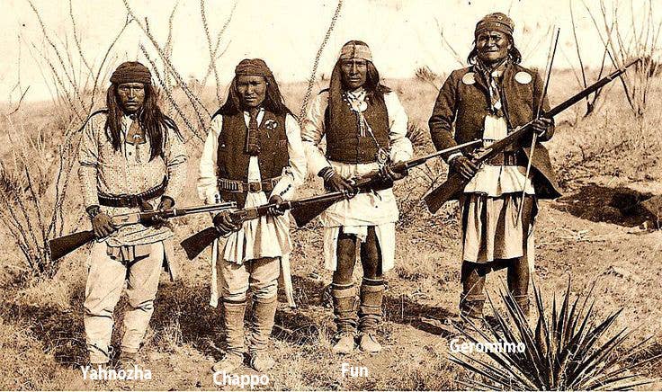 <a href="https://en.wikipedia.org/wiki/Geronimo" target="_blank" rel="noreferrer noopener">Geronimo</a> and three other Apache warriors.