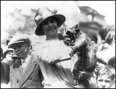 First Lady Grace Coolidge shows off her pet racoon, Rebecca, at the White House Easter Egg Roll April 18, 1927. (Courtesy of the George W. Bush White House Archives.)