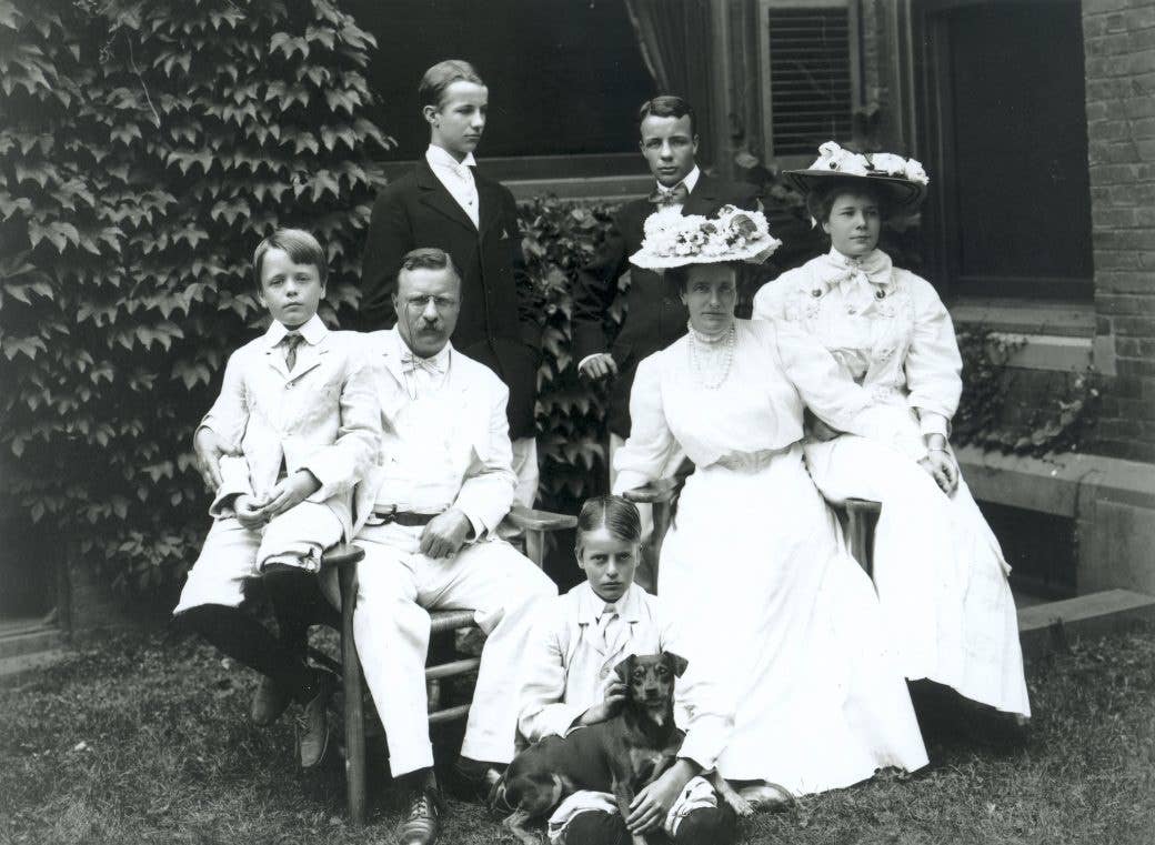The Roosevelt family with Skip, just one of their many pups. (<a href="https://upload.wikimedia.org/wikipedia/commons/7/75/TR_family.jpg" target="_blank" rel="noreferrer noopener">upload.wikimedia.org</a>)