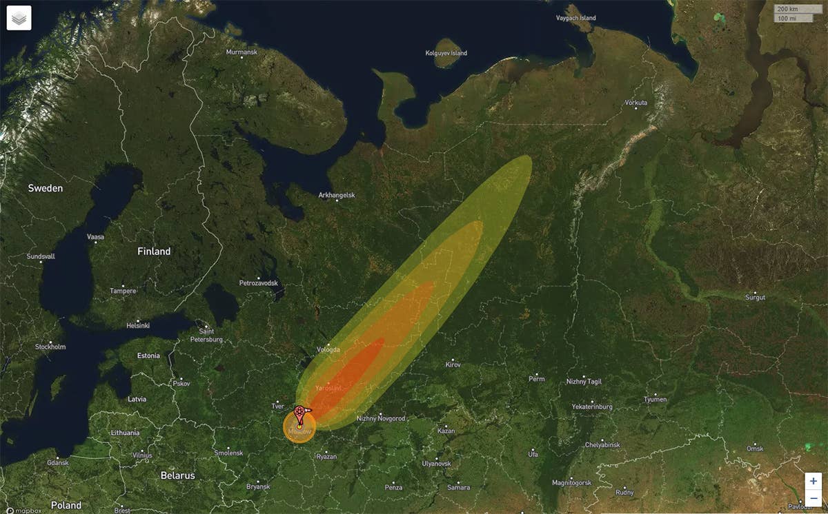 The NUKEMAP application shows the damage from a 100-megaton blast on Moscow. The orange and yellow ovals going northeast are the fallout from the blast. While this may look safe for America, Teller's proposed design would've been 100 times larger. (NUKEMAP screenshot. Application by Alex Wellerstein)