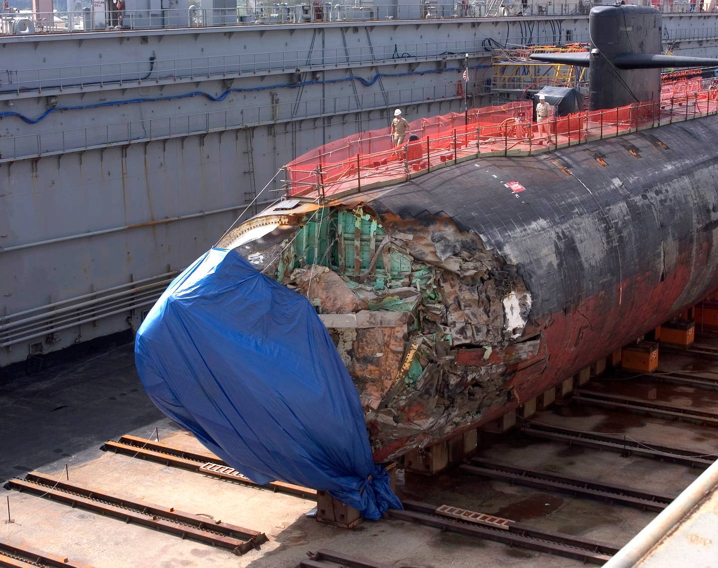 The USS San Francisco in drydock after the collision. (U.S. Navy photo by Photographer's Mate 2nd Class Mark Allen Leonesio)