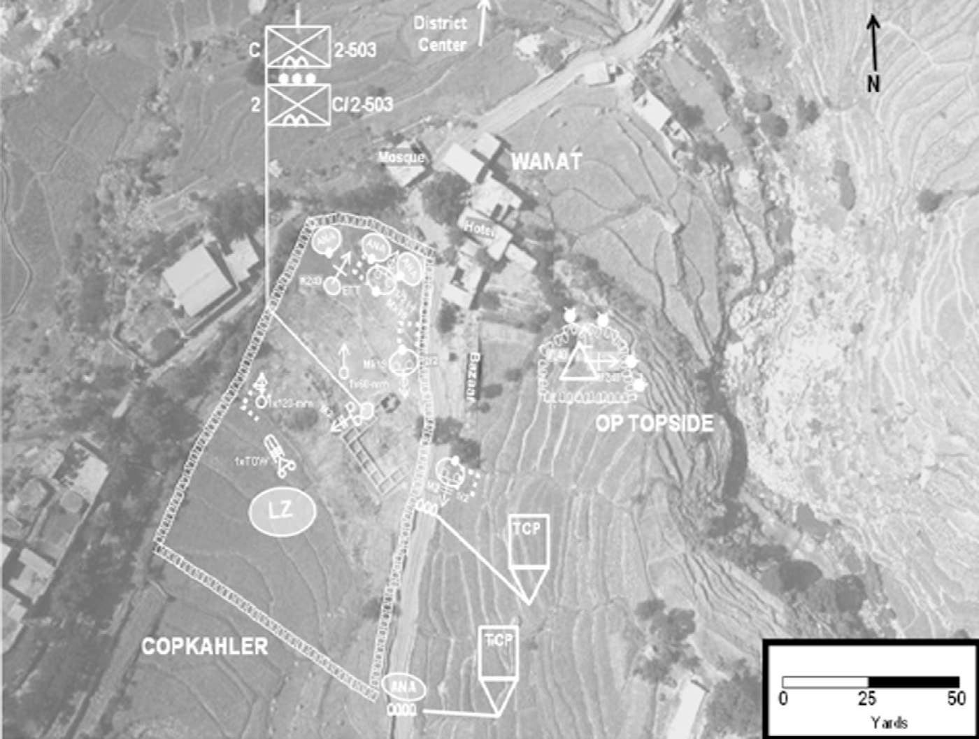 A Army graphic shows the defenses at COP Kahler during the Battle of Wanat. Notice OP Topside which is physically separated from the rest of the defenses. The hotel and mosque were key buildings controlled by insurgents during the battle.<br>(U.S. Army Combat Studies Institute)