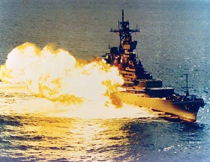 The USS Missouri fires a broadside.<br>(U.S. Navy)