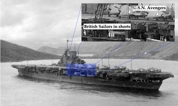 <em>USS Robin crewed by British sailors carrying USN Avengers. (U.S. Navy photo edited by Joseph Tremain/Pulled from ArmchairGeneral.com)</em>