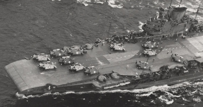 Overhead view of aircraft carrier