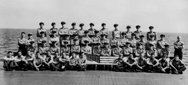 FAA Avenger pilots pose aboard USS Saratoga. (U.S. Navy photo)
