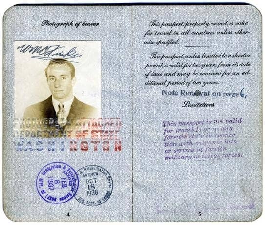Fiske's passport. (Scanned copy from the Royal Air Force Museum)
