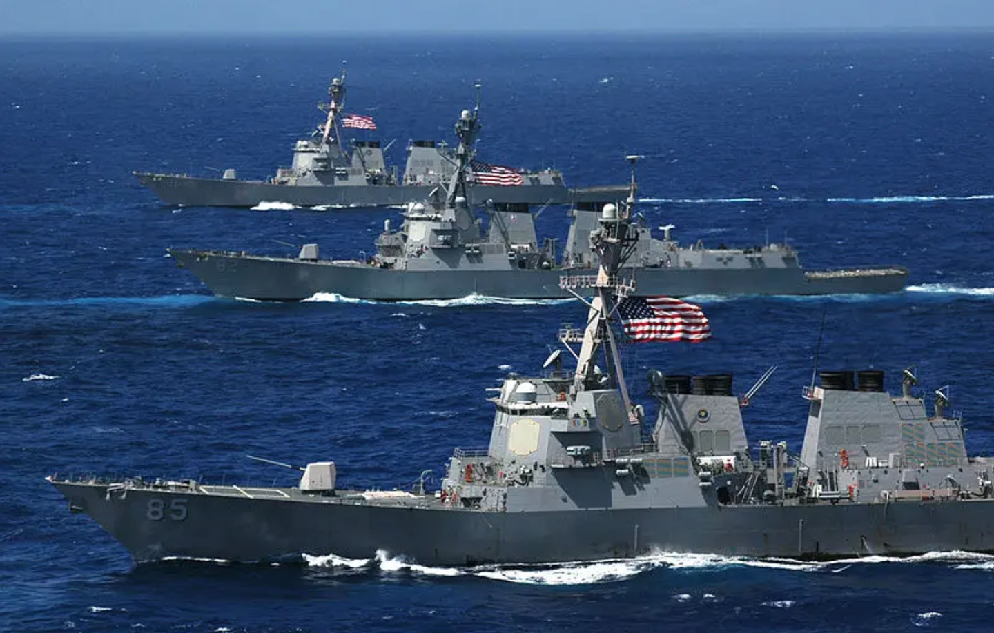 <em>Three Arleigh Burke-class guided-missile destroyers, the USS McCampbell (DDG 85), USS Lassen (DDG 82) and USS Shoup (DDG 86) steam in formation during a photo exercise. (U.S. Navy photo by Chief Photographer's Mate Todd P. Cichonowicz)</em>
