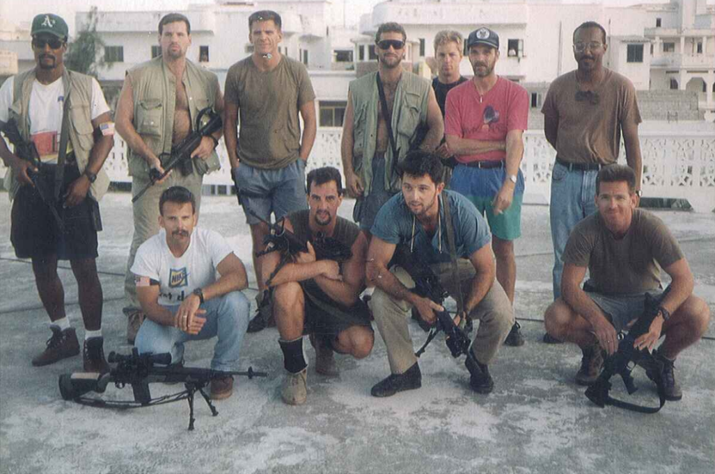 <em>(Kneeling, left to right) Little Big Man, Casanova, Wasdin, and Sourpuss, with other operators of Task Force Ranger (Howard Wasdin)</em>